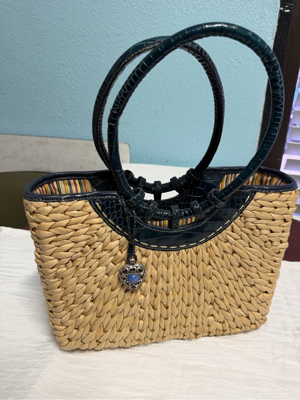 Brighton Natural Straw Tote with Dark Green Faux-Croc Trim and Heart Charm